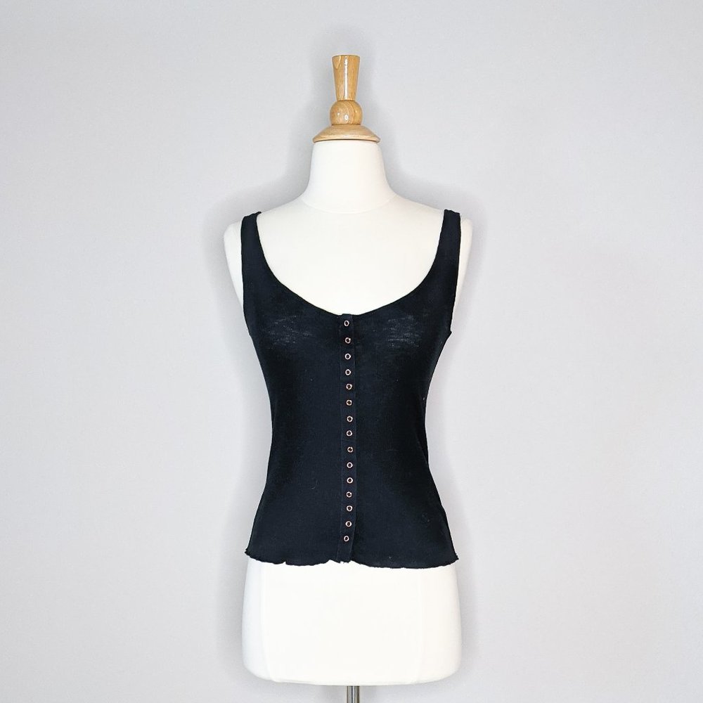 Free People Tellin' Me Black Ribbed Snap Tank